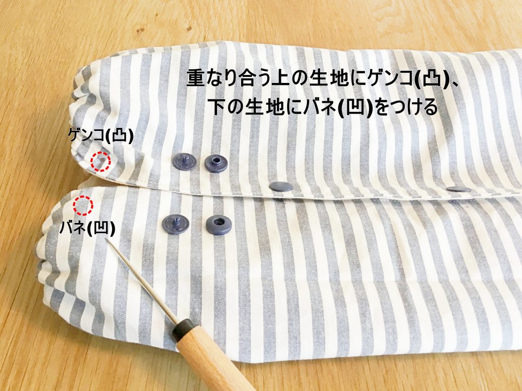まっすぐ縫うだけ！簡単抱っこ紐収納カバーの作り方-スナップボタンをつけているところ｜ハンドメイド初心者のための洋裁メディア縫いナビ｜丸石織物