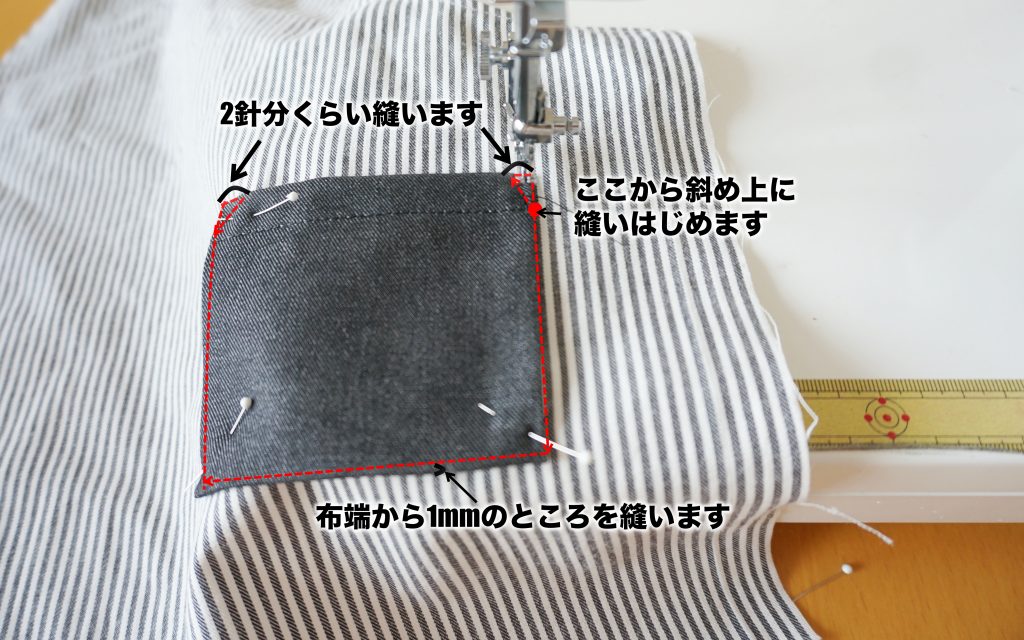 簡単シンプルキッズエプロン　ポケット縫っているところ| ハンドメイド初心者向け洋裁メディア縫いナビ | 丸石織物