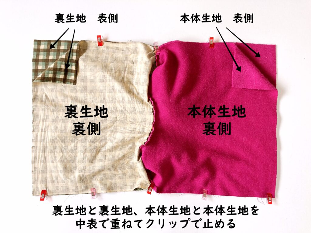 【オリジナル型紙】10-014マルシェバッグの作り方|裏生地同士、本体同士を中表で重ねる|ハンドメイド初心者のための洋裁メディア縫いナビ|丸石織物