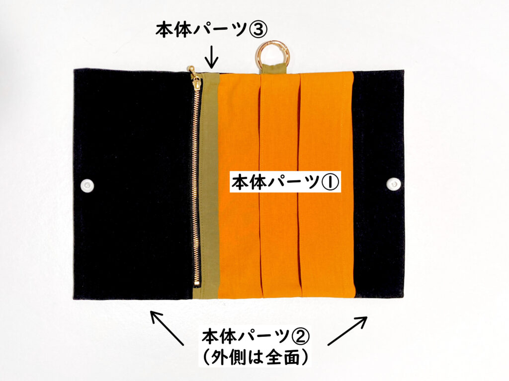 【オリジナル型紙】10-038 2つ折りマルチケースの作り方|各パーツの見え方|ハンドメイド初心者のための洋裁メディア縫いナビ|丸石織物