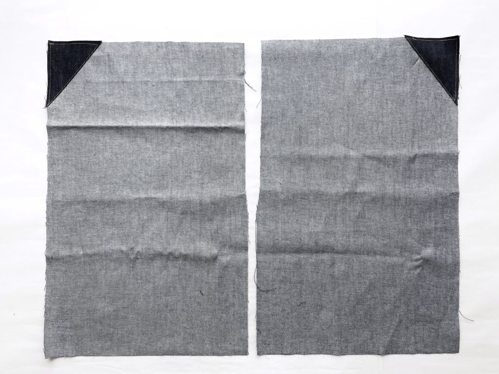 【オリジナル型紙】5-011 アウトドアエプロンの作り方|当て布が縫えたところ|ハンドメイド初心者のための洋裁メディア縫いナビ|丸石織物