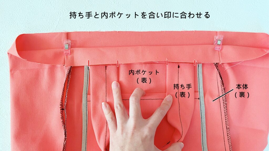 【オリジナル型紙】10-022サイドポケットトートバッグの作り方｜ハンドメイド 初心者のための洋裁メディア縫いナビ｜丸石織物｜持ち手を合い印に合わせる