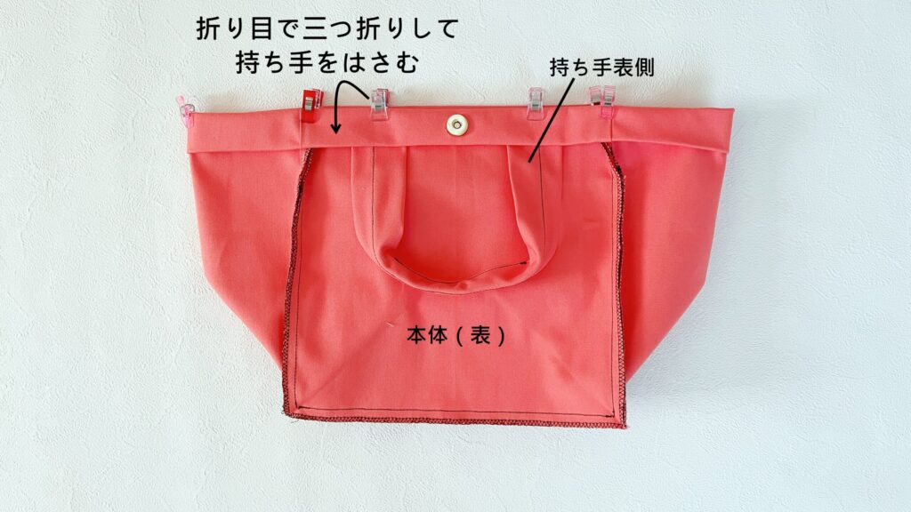 【オリジナル型紙】10-022サイドポケットトートバッグの作り方｜ハンドメイド 初心者のための洋裁メディア縫いナビ｜丸石織物｜持ち手を合わせて三つ折りする