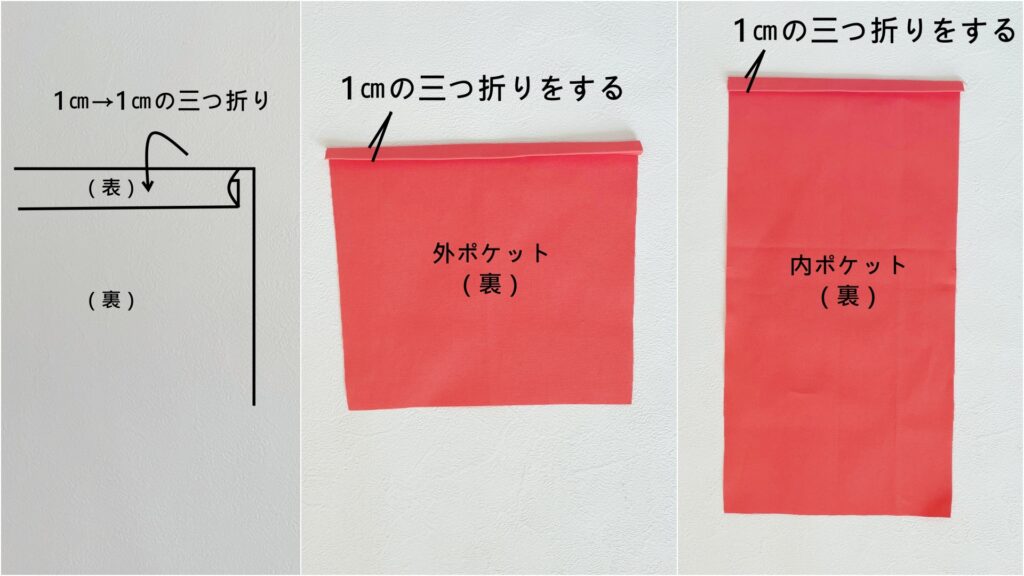 【オリジナル型紙】10-022サイドポケットトートバッグの作り方｜ハンドメイド 初心者のための洋裁メディア縫いナビ｜丸石織物｜アイロンで三つ折りをする