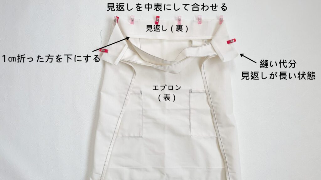 【オリジナル型紙】5-001子供用バッククロスエプロンの作り方|ハンドメイド 初心者のための洋裁メディア縫いナビ|丸石織物|見返しを合わせる