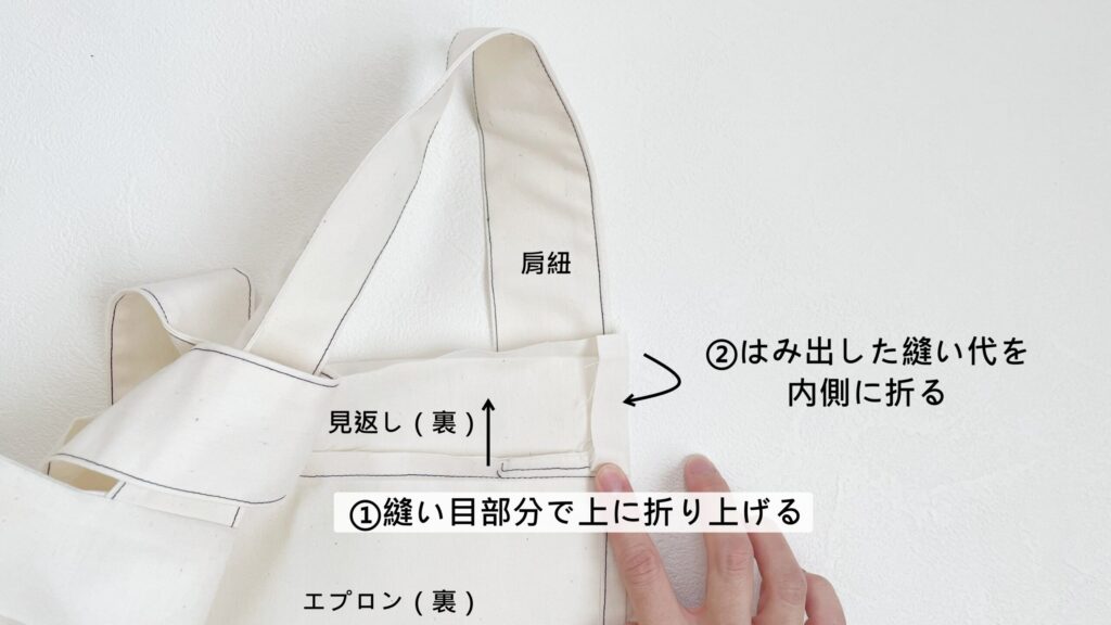 【オリジナル型紙】5-001子供用バッククロスエプロンの作り方|ハンドメイド 初心者のための洋裁メディア縫いナビ|丸石織物|見返し端を処理する